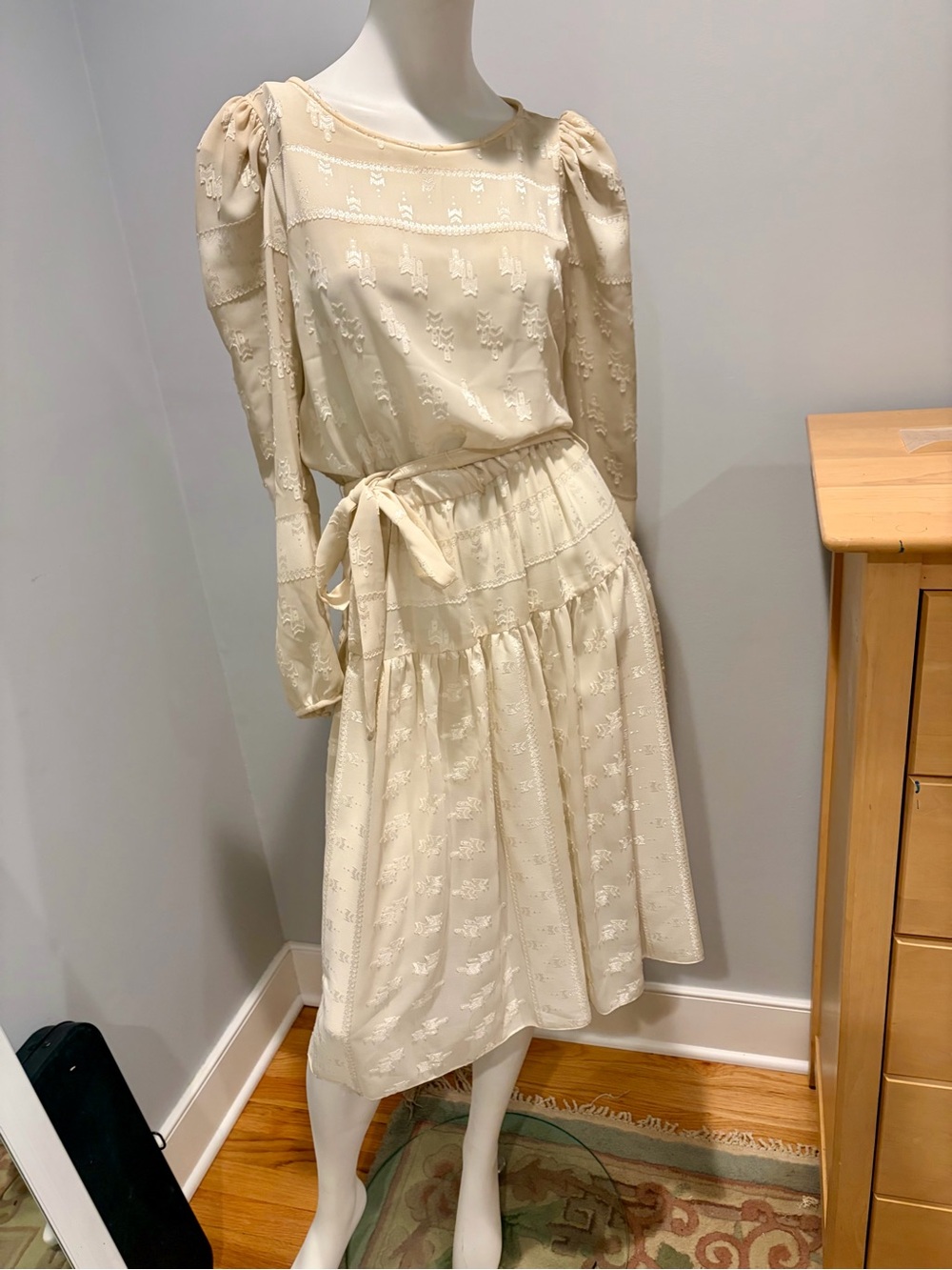 True Vintage Cream Prairie Midi Dress Puff Sleeve Cottagecore Romantic M